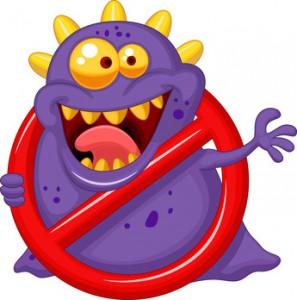 Stop virus - purple virus in red alert sign